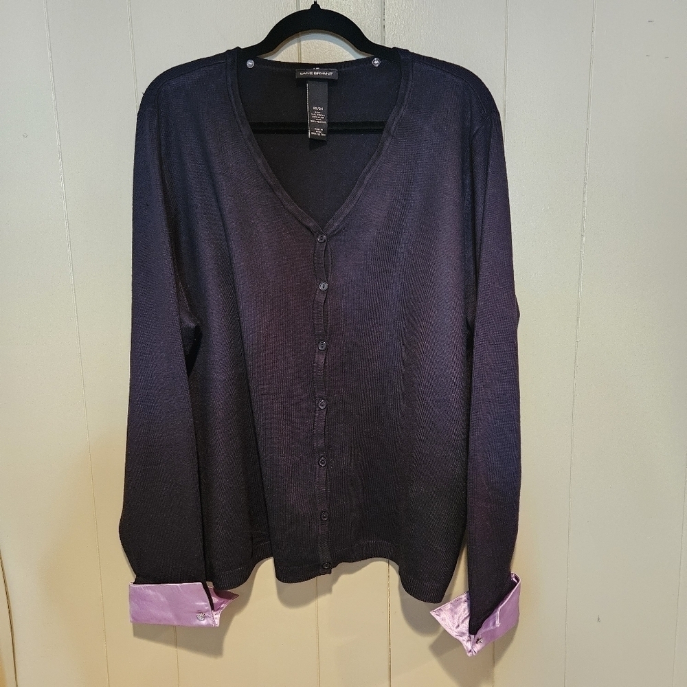 Lane Bryant Black Button Front Cardigan with Pink Satin Cuffs | Plus-Size 22/24